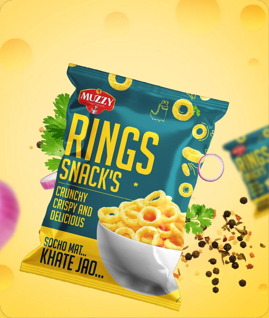 Muzzy Rings snacks tomato flavour packaging